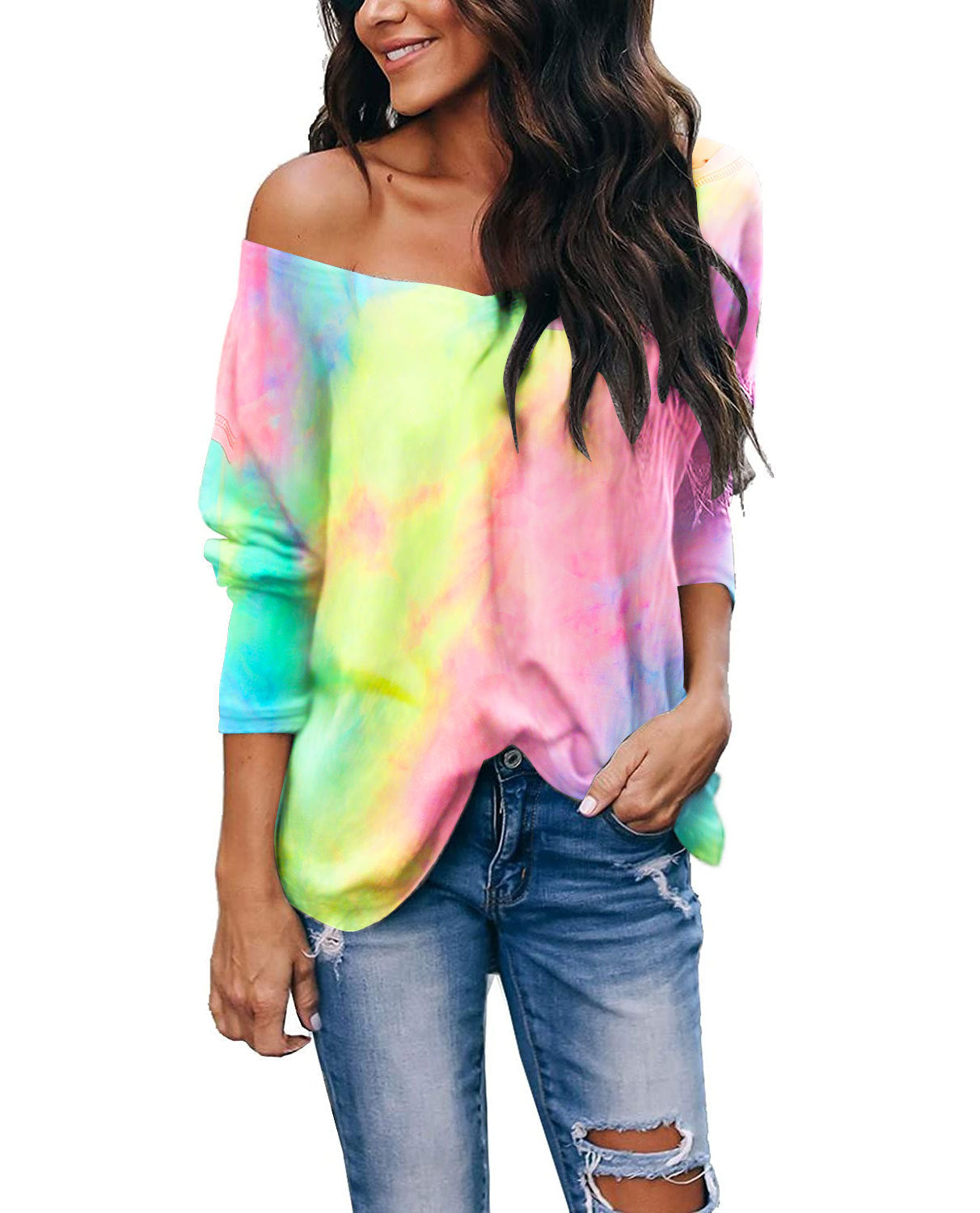 Women's Tie-Dye Long-Sleeve V-Neck Loose-Fit T-Shirt