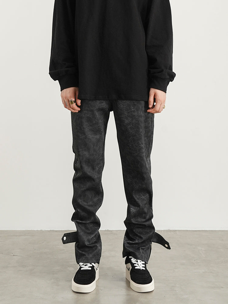 Snakeskin PU Button Straight Leather Pants