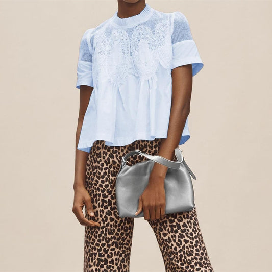 Women's Fashionable Lace-trimmed Crew-neck Embroidered Solid-color Loose Top