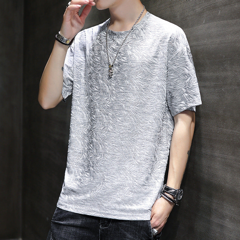 Ice silk short sleeve summer men's T-shirt loose round neck trend solid color