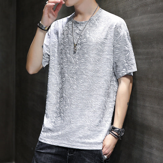 Ice silk short sleeve summer men's T-shirt loose round neck trend solid color
