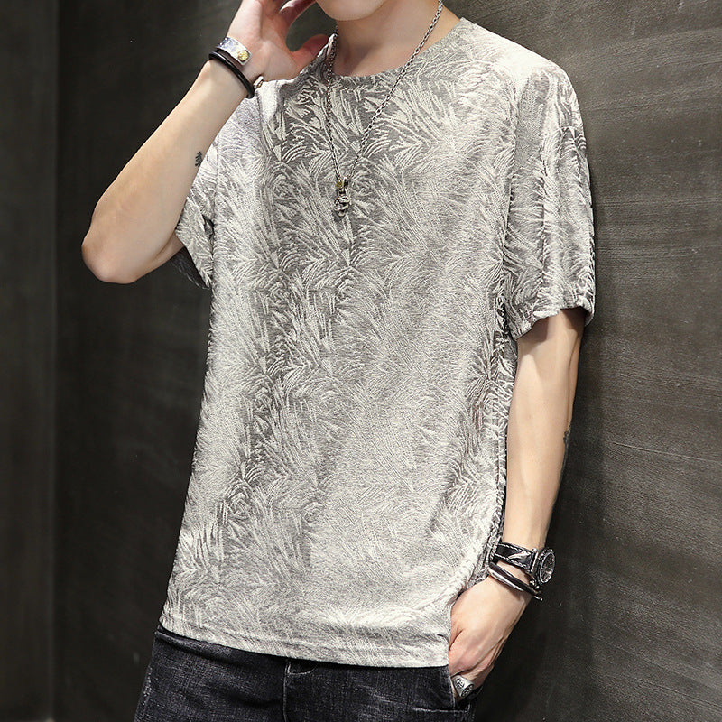 Ice silk short sleeve summer men's T-shirt loose round neck trend solid color