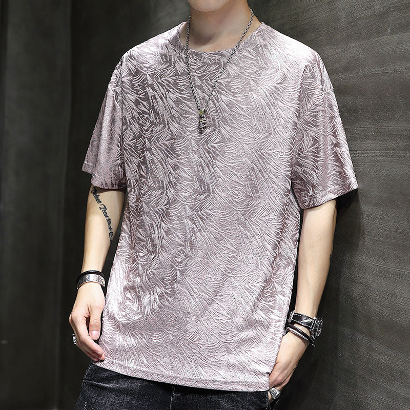 Ice silk short sleeve summer men's T-shirt loose round neck trend solid color