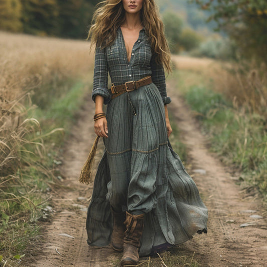 Women's Striped Maxi Dress, Lapel Collar Button Front Long Sleeve A-Line Dress For Camping And Vacation