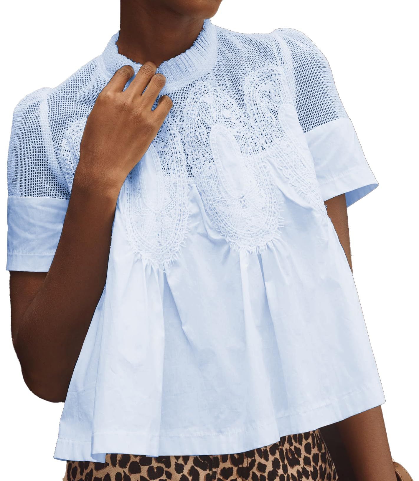 Women's Fashionable Lace-trimmed Crew-neck Embroidered Solid-color Loose Top