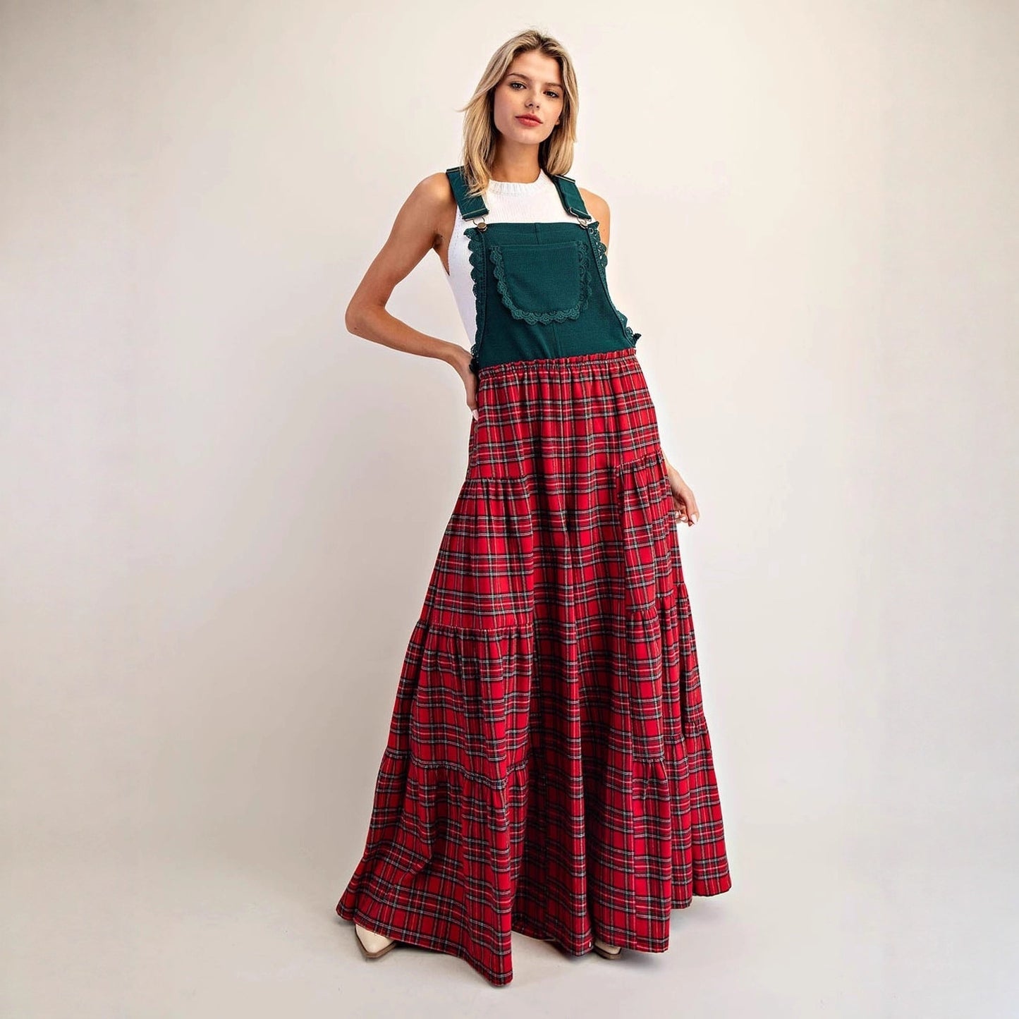Women's Fashionable Loose-fit Slimming Plaid Overalls Pants