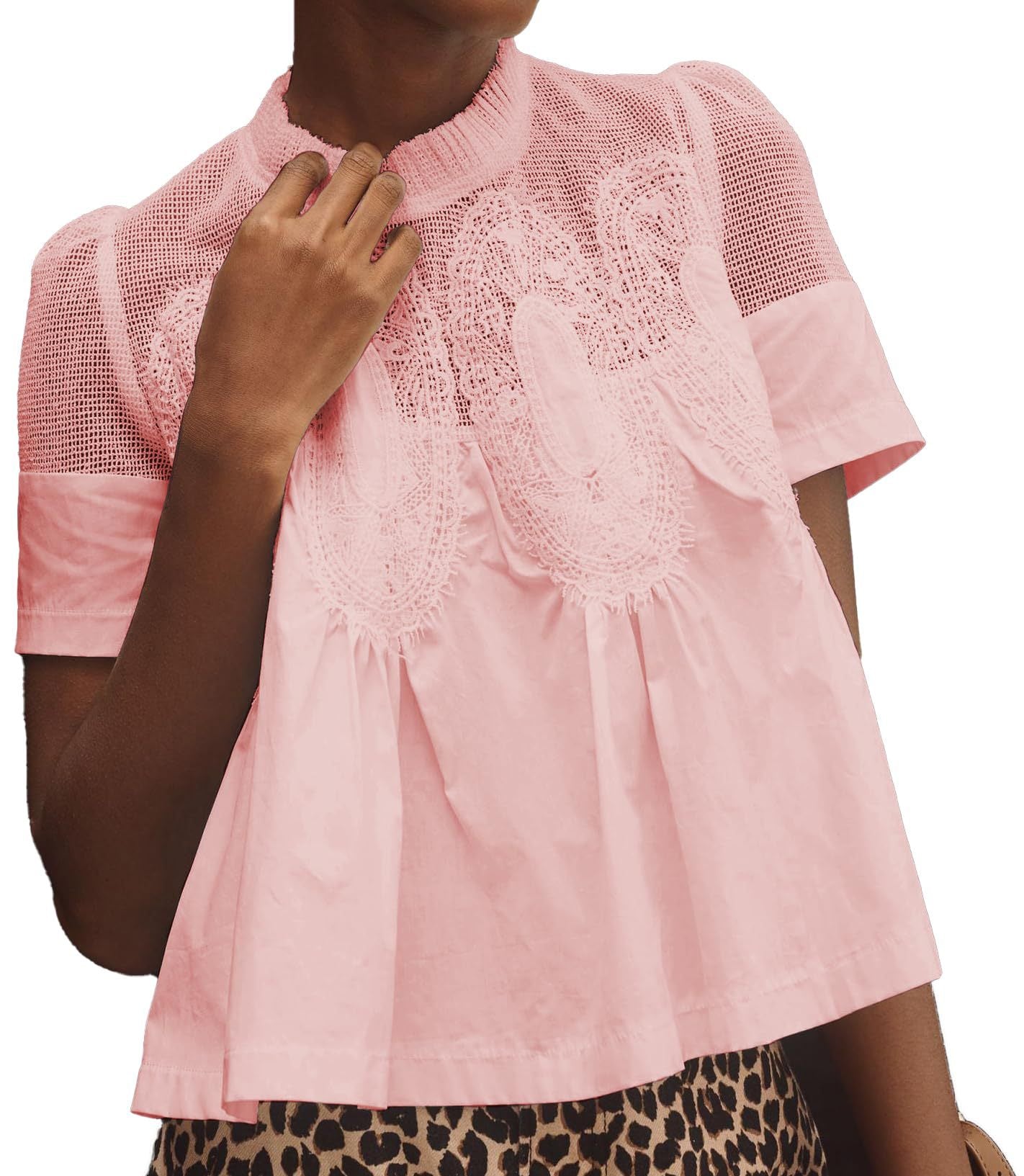 Women's Fashionable Lace-trimmed Crew-neck Embroidered Solid-color Loose Top