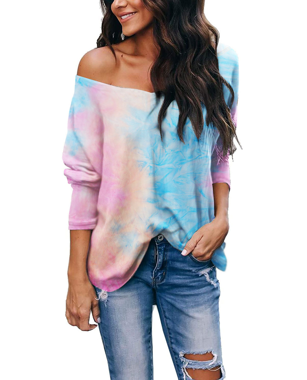Women's Tie-Dye Long-Sleeve V-Neck Loose-Fit T-Shirt