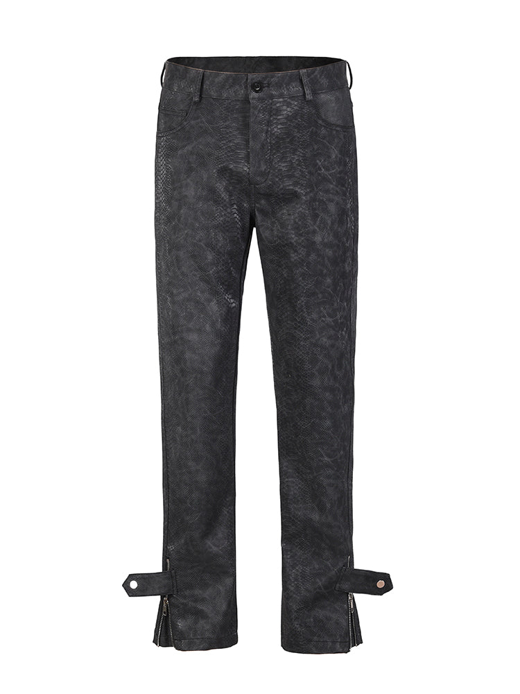 Snakeskin PU Button Straight Leather Pants