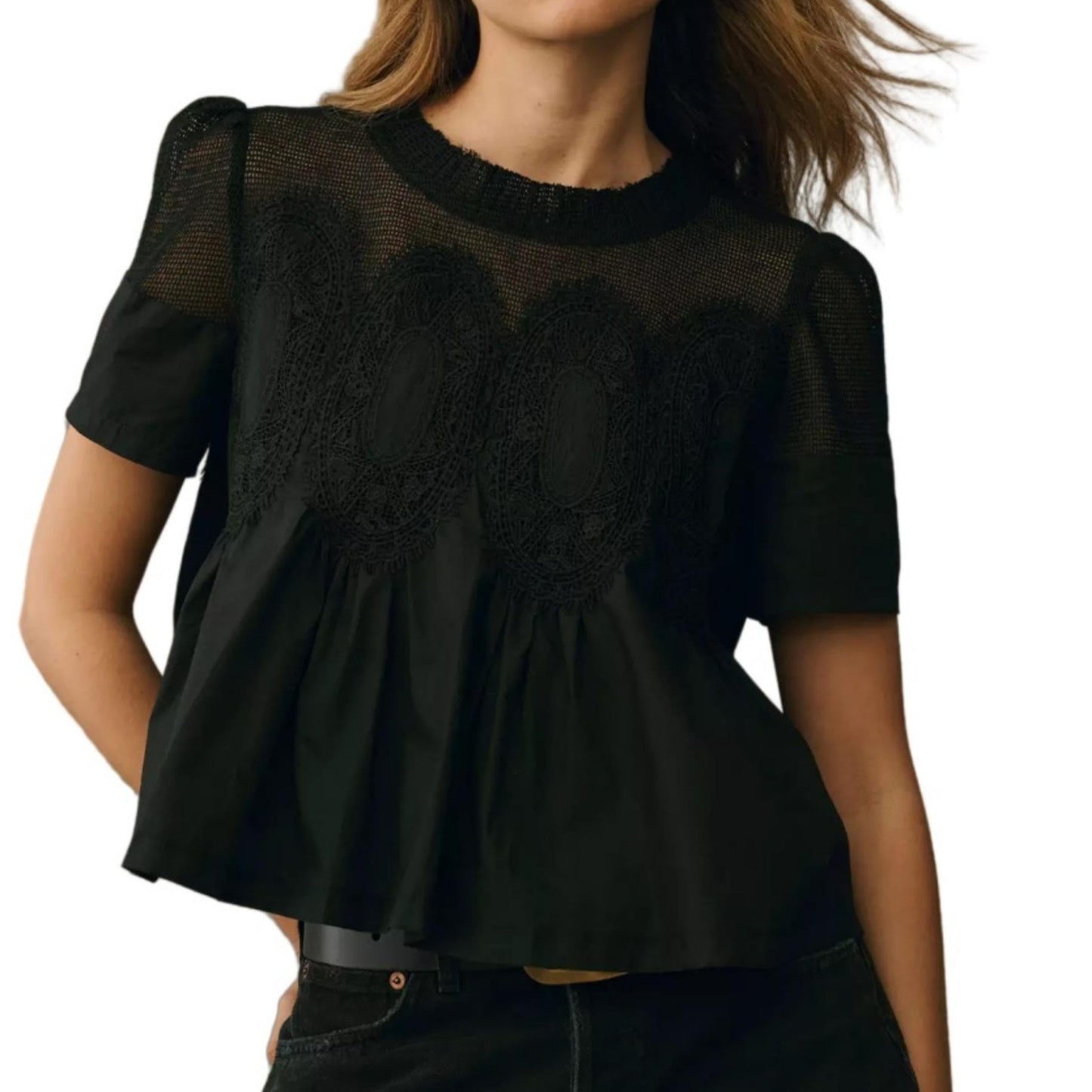 Women's Fashionable Lace-trimmed Crew-neck Embroidered Solid-color Loose Top