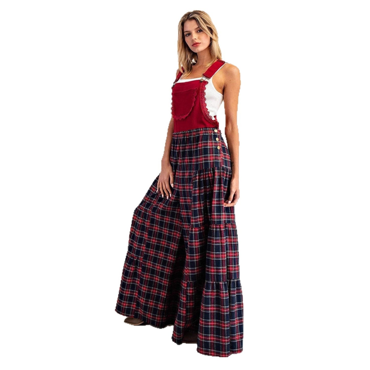 Women's Fashionable Loose-fit Slimming Plaid Overalls Pants