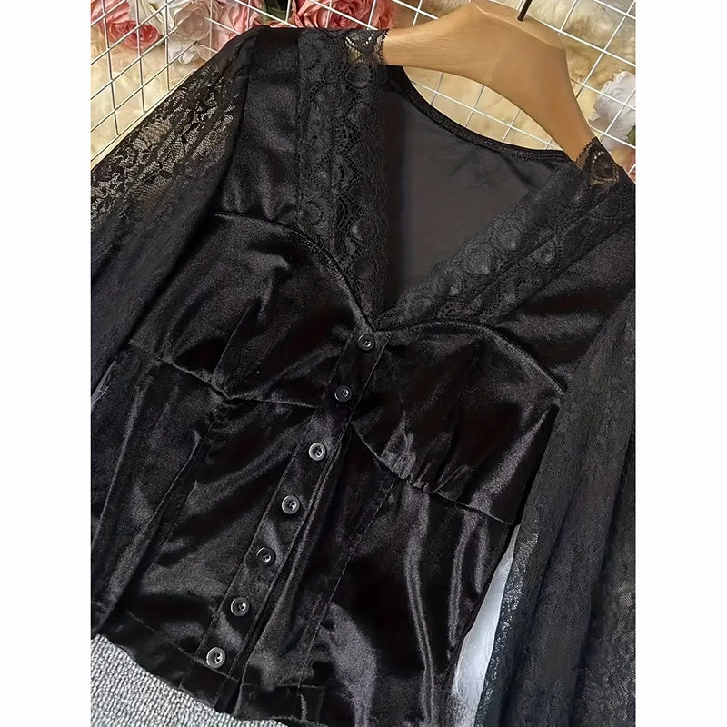 Women's Gothic Velvet Top, V Neck Lace Patchwork Long Sleeve Shirt