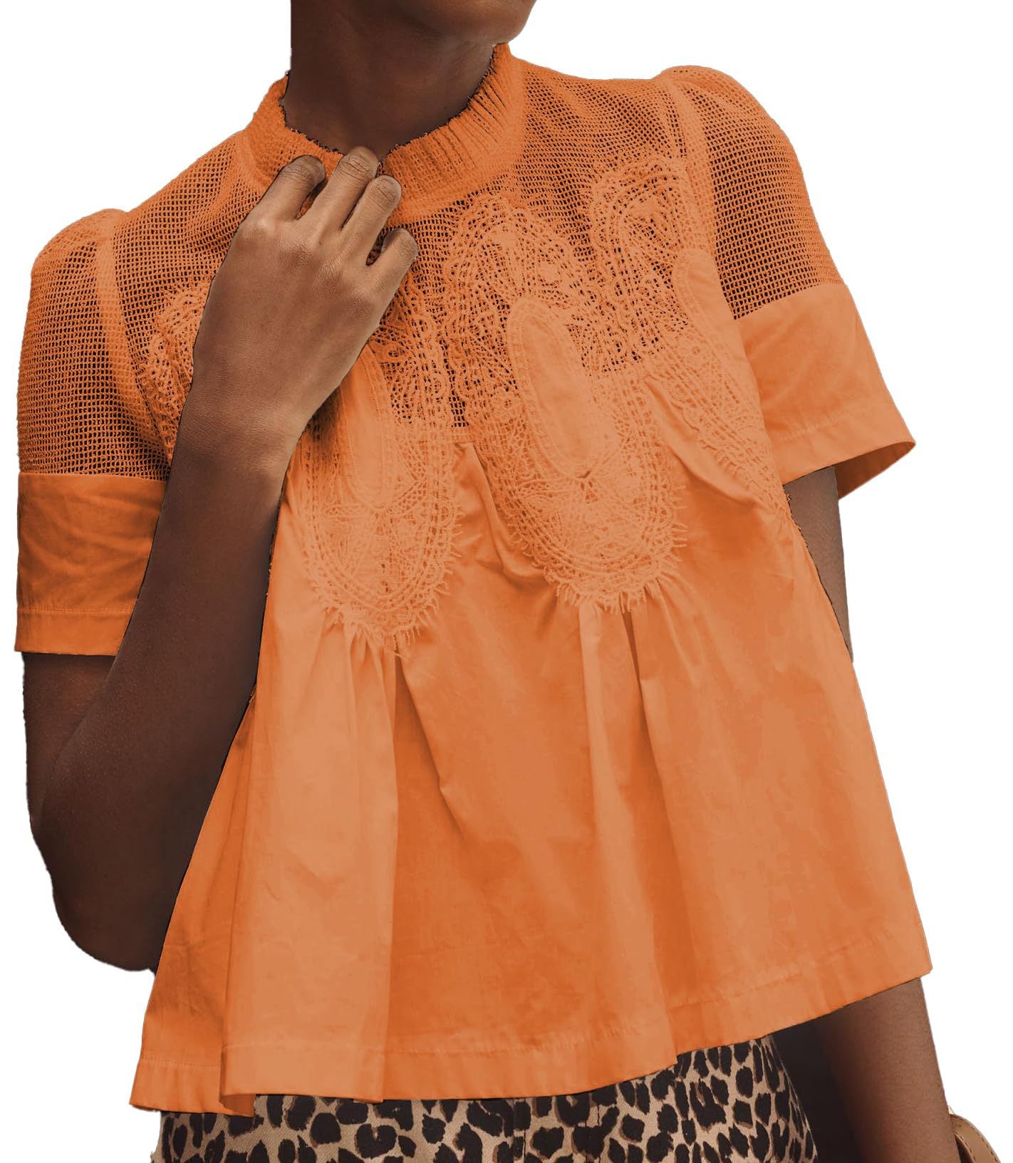 Women's Fashionable Lace-trimmed Crew-neck Embroidered Solid-color Loose Top