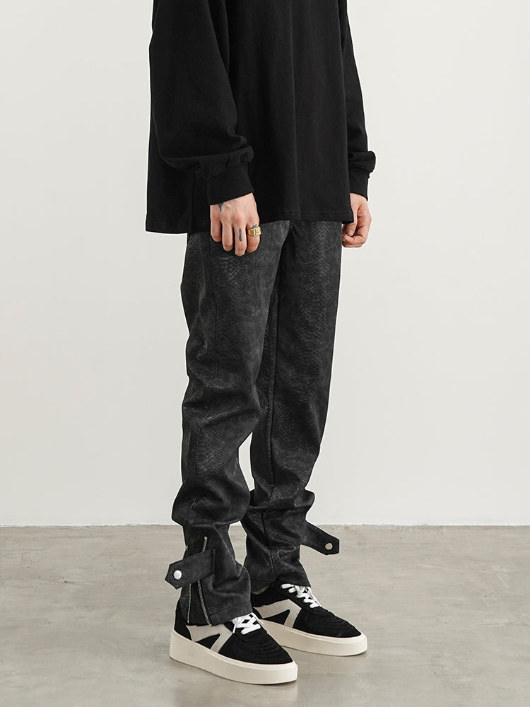 Snakeskin PU Button Straight Leather Pants