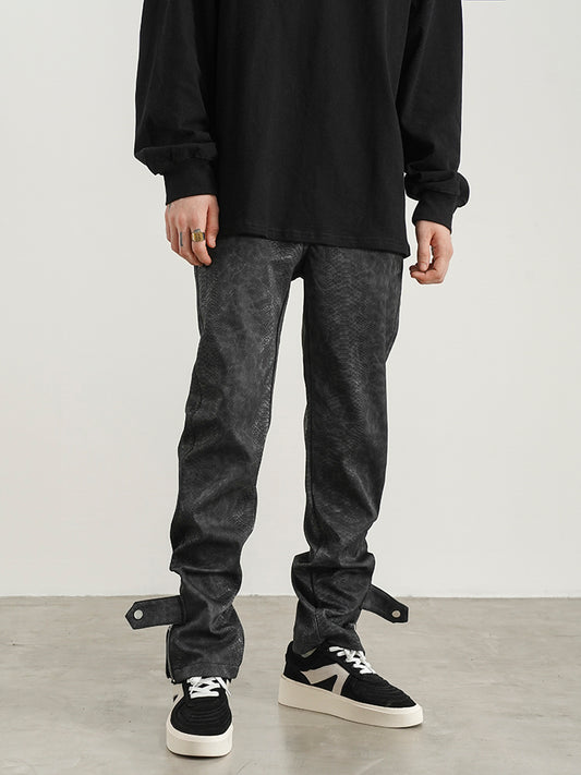 Snakeskin PU Button Straight Leather Pants
