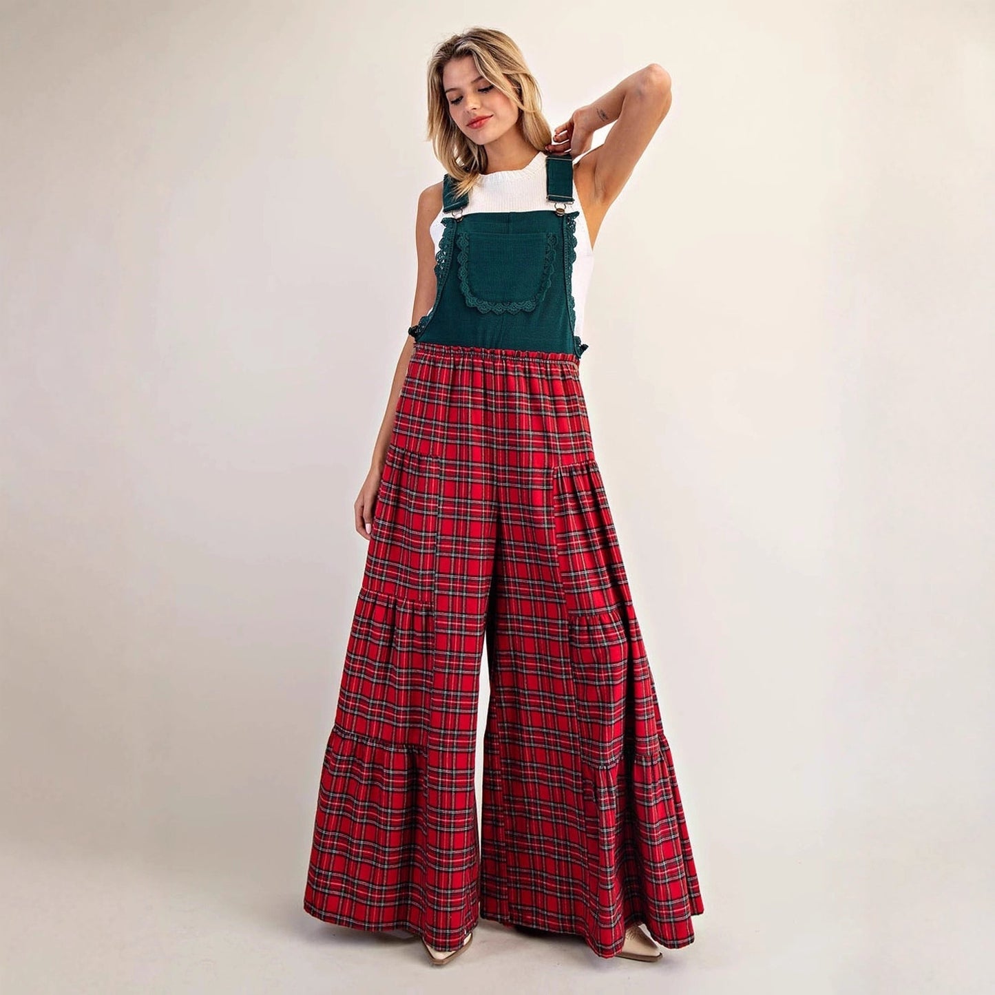 Women's Fashionable Loose-fit Slimming Plaid Overalls Pants