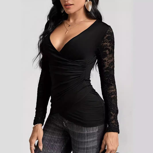 Solid-color Cross-join Lace-sleeve T-shirt