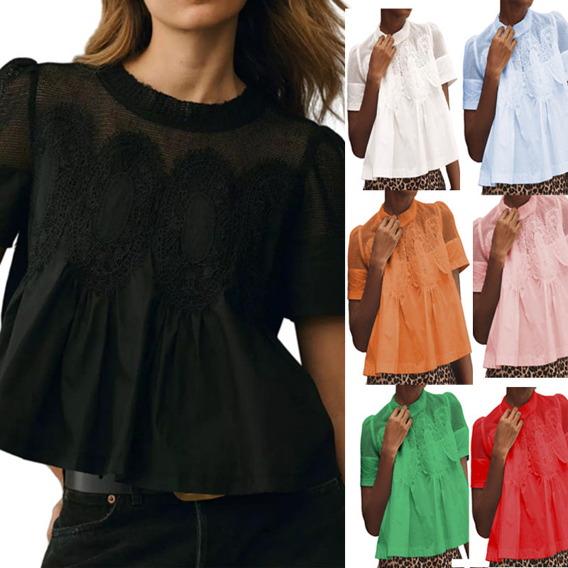 Women's Fashionable Lace-trimmed Crew-neck Embroidered Solid-color Loose Top