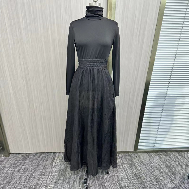 Women's Elegant High-Neck Sweater And Skirt Set - Solid Color With Slit Hem, Cozy Two-Piece Outfit For Fall Winter Casual Chic