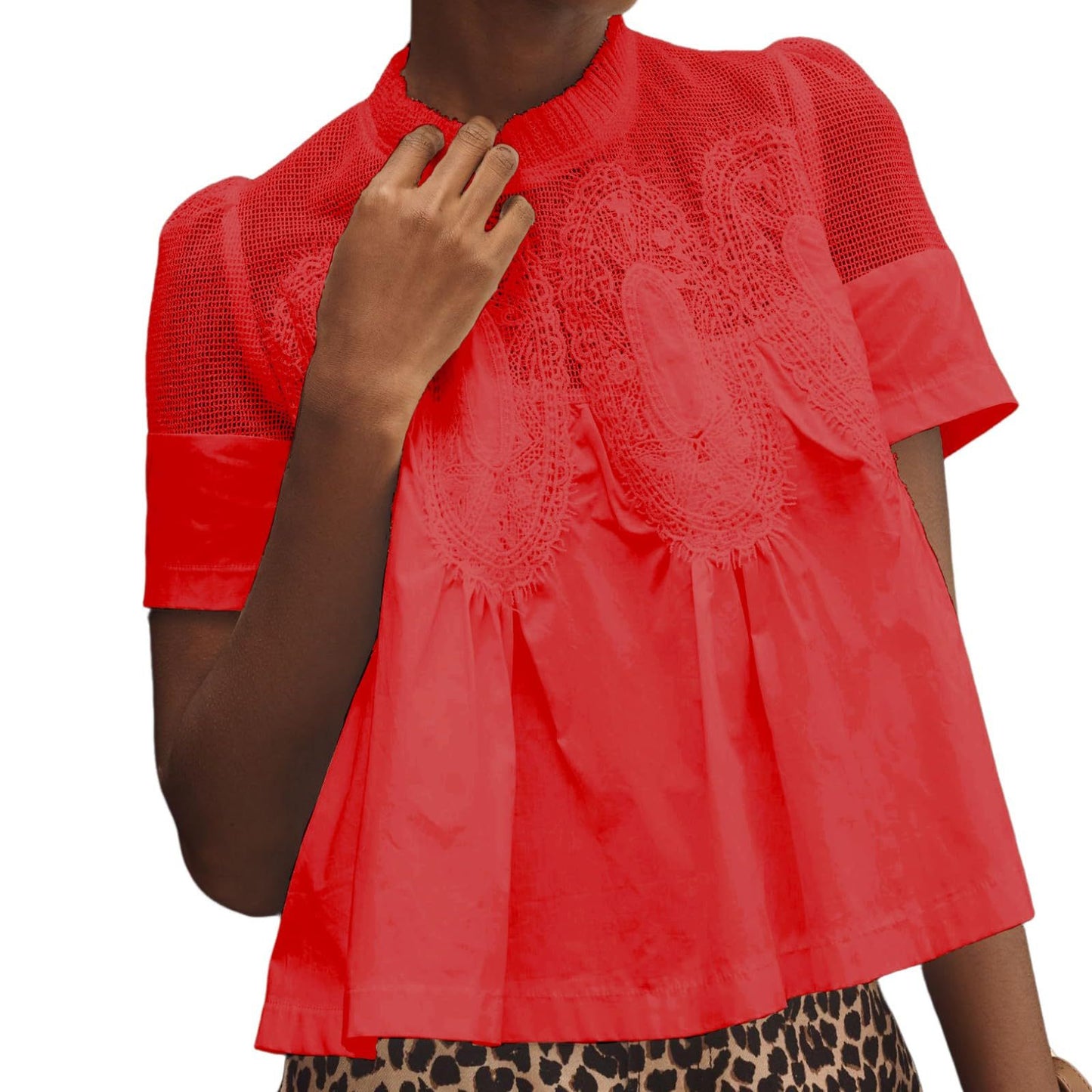 Women's Fashionable Lace-trimmed Crew-neck Embroidered Solid-color Loose Top